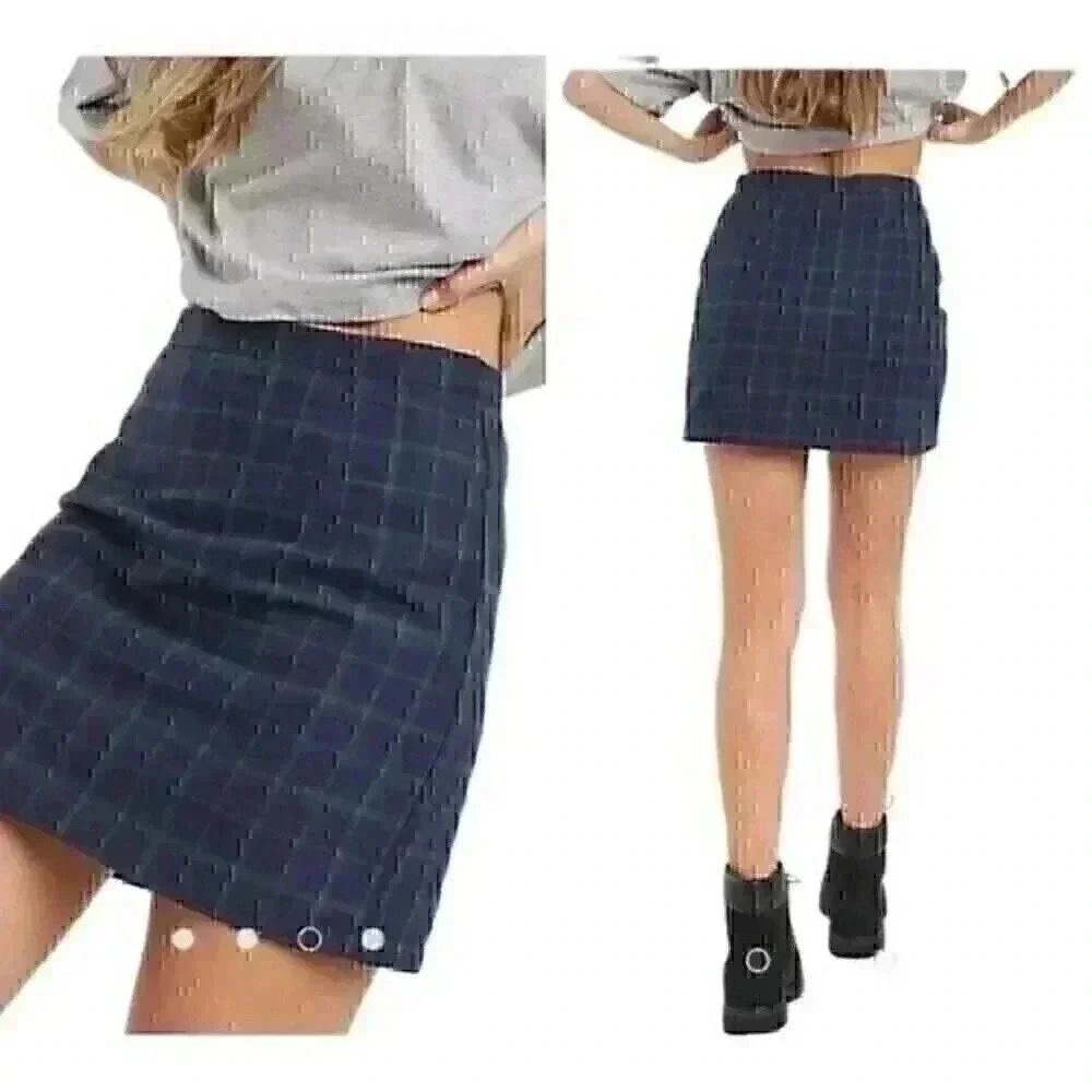 Heartbreak Women's S Navy Green Plaid High Rise Tailored Mini Skirt NWT